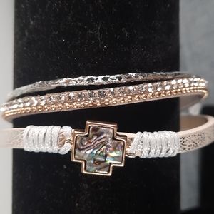 Gray Leather Gold Cross Religious Abolone Shell Pearl Magnetic Closure Bracelet